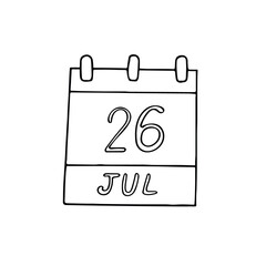 calendar hand drawn in doodle style. July 26. Esperanto Day, date. icon, sticker, element, design. planning, business holiday