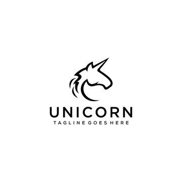 Unicorn head silhouette with sharp horns in a circle that protects it from the outside logo design.