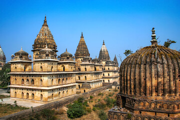 View of Royal cenotaphs (Chhatris) of Orchha, Madhya Pradesh, India.