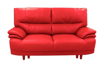 Red couch, sofa isolated on black background. Classic design furniture of leather, fabric buttoned quilted upholstery, modern dwelling interior design element, object. 