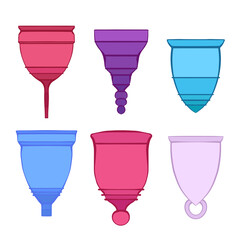 Set of color sketch various menstrual cups. Zero waste objects. Eco friendly womens health. Organic hygiene products. Vector outline object for banners, icons, logos and your design.