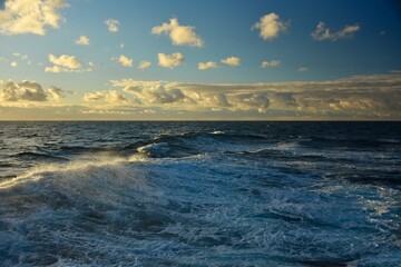 Sakhalin island. Drilling platform at sea. Fall. Around the icy water of the Sea of Okhotsk.