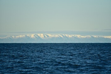 Sakhalin island. Drilling platform at sea. Fall. Around the icy water of the Sea of Okhotsk.