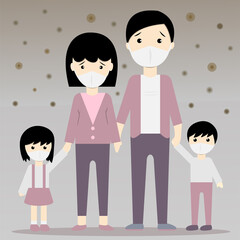family father,mother,daughter and son wear mask for prevent dust,disease,corona virus and any allergy cartoon vector