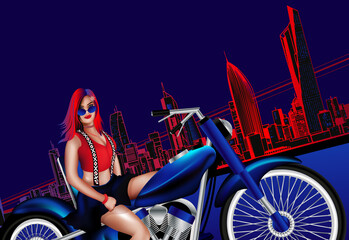 Young Redhead Beautiful Woman Riding An Unbranded Classic Cruiser Motorcycle Through The City