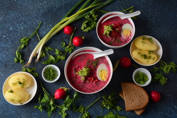 Cold beetroot soup with vegetables on dark grey table. Traditional Ukrainian Russian Polish beet...