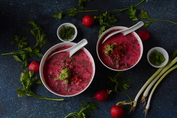 Cold beetroot soup with vegetables on dark grey table. Traditional Ukrainian Russian Polish beet...