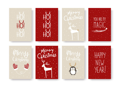 Raster set cute Christmas cards with white and red hand lettering Merry Christmas, HO HO HO, Happy New Year and hand drawn deers, penguin, mittens, stars and snow. On white background.