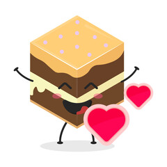 Cute flat cartoon cube cake illustration. Vector illustration of a cute cube cake with a smiling expression. Cute cake mascot design