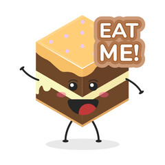 Cute flat cartoon cube cake illustration. Vector illustration of a cute cube cake with a smiling expression. Cute cake mascot design