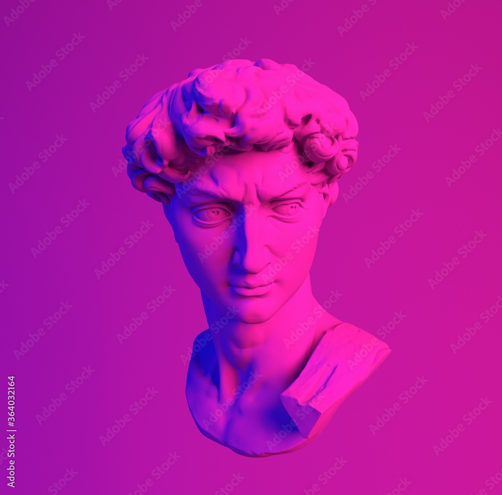 Aufkleber 3d rendering of michelangelo's david head in neon lightning. classical sculpture in vaporwave retrof