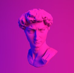3D rendering of Michelangelo's David head in neon lightning. Classical sculpture in vaporwave retrofuturistic style.