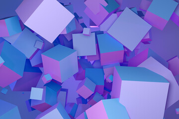  3D illustration volumetric pink and blue cube on a geometric monophonic background. Parallelogram pattern. Technology geometry neon background