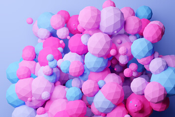 3D illustration volumetric pink and blue ball  on a geometric monophonic background.Geometry pattern.Balls like molecules