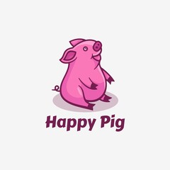 Vector Logo Illustration Happy Pig Simple Mascot Style.