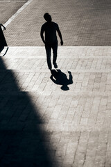 The silhouette of a guy with glasses, who rises up a concrete staircase to the top, creating an interesting reflection from his shadow.  Art, street photography. Cool frame composition.