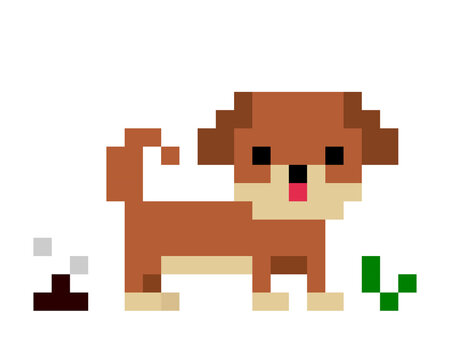 Pixel puppy with poo image. Brown dog pattern, Vector Illustration of pixel art.