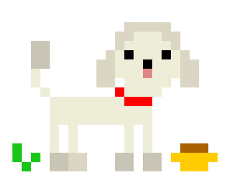 8 bit Pixel poodle dog with food's image. Silver dog cross stitch pattern, Animal in Vector Illustration