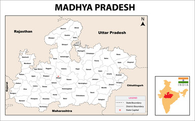 Madhya Pradesh Map. Political and administrative map of Madhya Pradesh with districts name. Showing International and State boundary and district boundary of Madhya Pradesh. Vector  of districts map.