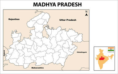 Madhya Pradesh Map. Political and administrative map of Madhya Pradesh with districts name. Showing International and State boundary and district boundary of Madhya Pradesh. Vector  of districts map.