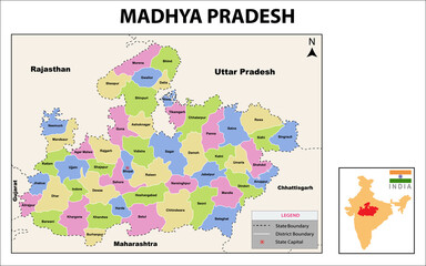 Madhya Pradesh Map. Political and administrative map of Madhya Pradesh with districts name. Showing...