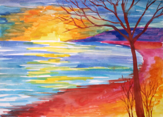 Fototapeta na wymiar sunset on the sea bay, view of the shore and the tree. Favism-style illustration, bright colors