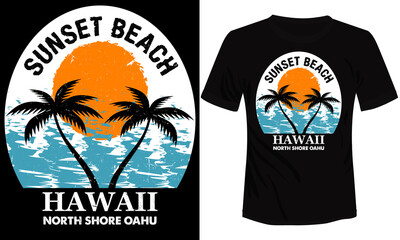 t-shirt design print-ready, sunset beach Hawaii, north shore Oahu vector illustration of T-shirt with palm tree and sun