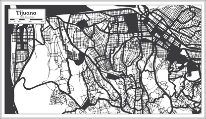 Tijuana Mexico City Map in Black and White Color in Retro Style. Outline Map.