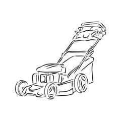 Outline lawn mower vector. Wire-frame style. The layers of visible and invisible lines illustration. lawnmower trimer, vector sketch illustration
