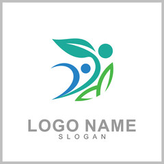 Human with leaf logo concept, medical clinic, healthy family logo, people health care and medicine vector illustration