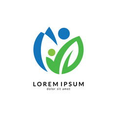 Human with leaf logo concept, medical clinic, healthy family logo, people health care and medicine vector illustration