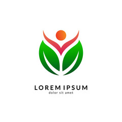 Obraz premium Human with leaf logo concept, medical clinic, healthy family logo, people health care and medicine vector illustration