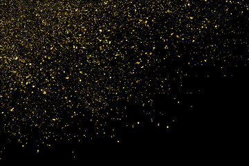Gold glitter texture isolated on black. Amber particles color. Celebratory background. Golden explosion of confetti. Design element. Digitally generated image. Vector illustration, EPS 10.