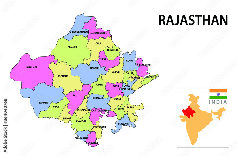 Sticker rajasthan map. political and administrative map of rajasthan with districts name. showing internatio