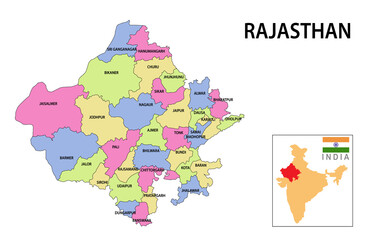 Fototapeta premium Rajasthan map. Political and administrative map of Rajasthan with districts name. Showing International and State boundary and district boundary of Rajasthan. Vector illustration of districts map.