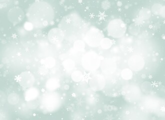 Green abstract background with white snowflakes bokeh blurred beautiful shiny light, use illustration Valentine Christmas new year wallpaper backdrop and texture your product.	