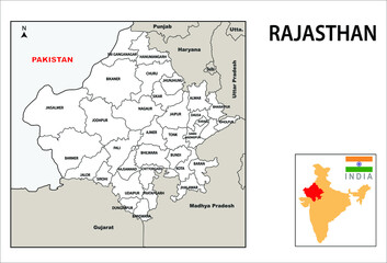 Fototapeta premium Rajasthan map. Political and administrative map of Rajasthan with districts name. Showing International and State boundary and district boundary of Rajasthan. Vector illustration of districts map.