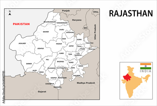 Rajasthan Map With District Name Rajasthan Map Political And Administrative Map Of Rajasthan With Districts  Name Showing International And State Boundary And District Boundary Of  Rajasthan Vector Illustration Of Districts Map Administrative Wall Mural |  Administrati-Awesome Artt