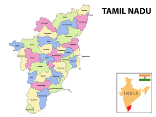 Tamil nadu map. District ways map of tamil nadu with name. Vector illustration of Tamilnadu...