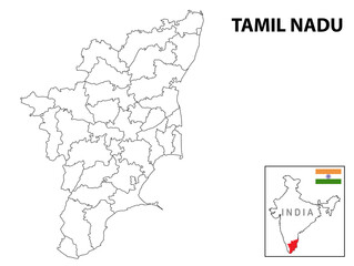 Obraz premium Tamil nadu map. District ways map of tamil nadu with name. Vector illustration of Tamilnadu geographical map. New and original design with showing border line and name.