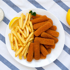 Homemade Fish Sticks and Fries with Tartar Sauce on cloth, top view. Flat lay, overhead, from above.