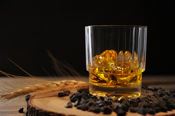 Glass of scotch whisky in ice with the dark background.
