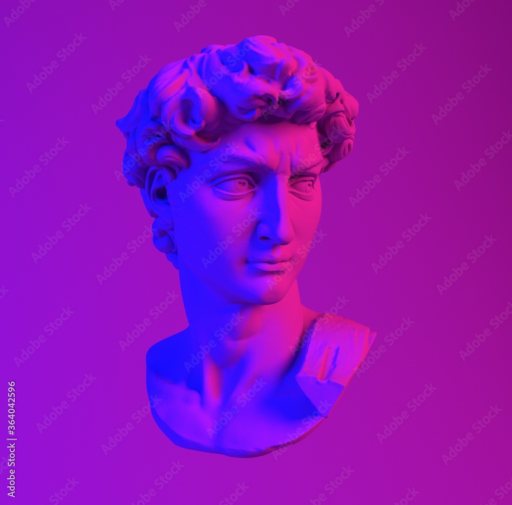 Poster 3D rendering of Michelangelo's David head in neon lightning. Classical sculpture in vaporwave retrofuturistic style.