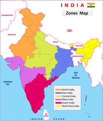 India map. Zones and regions. Administrative map and divisions of India. Sub-national administrative units of India. Zonal Councils and regions of India. Political Map.