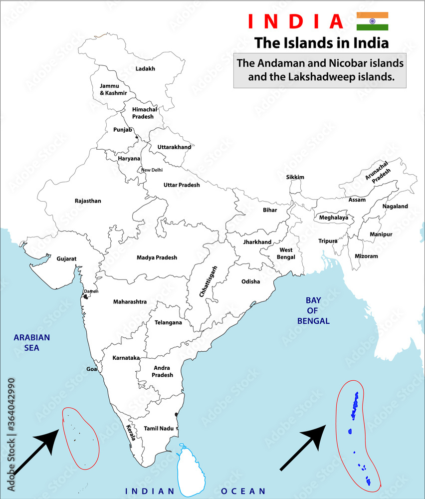 Sticker Islands in India map. Political Map of India. Black and white Outline map vector. Detailed India Map on white Background with states and union territories in India.