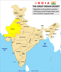 India map. Political Map of India with black and white Outline in vector. Detailed India Map on white Background with states and union territories in India.the Great Indian Desert map.