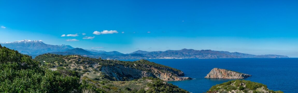 Panoramic bird eye view of Aegean sea in Crete island, Greece. HD panorama blue sky and Cretan sea. Greek nature.