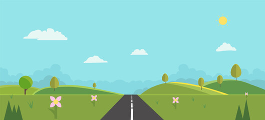 Obraz premium Countryside with sun and sky background vector illustration.Nature landscape summer background flat design vector.Scene nature with hills , mountains and sky background.