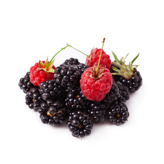 Blackberries and raspberries isolated on a white background.