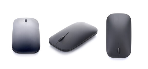 Computer mouse, wireless, black, glossy Modern Bluetooth electronic connector isolated on a white...